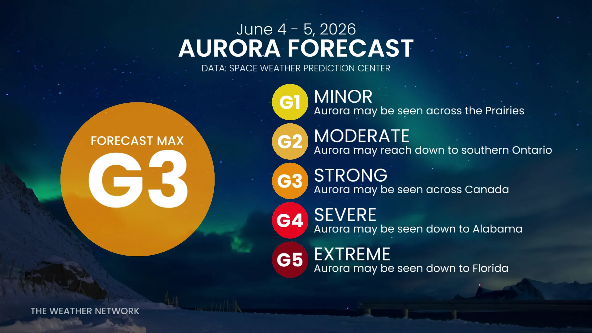 G3 geomagnetic storm June 4 northern lights forecast