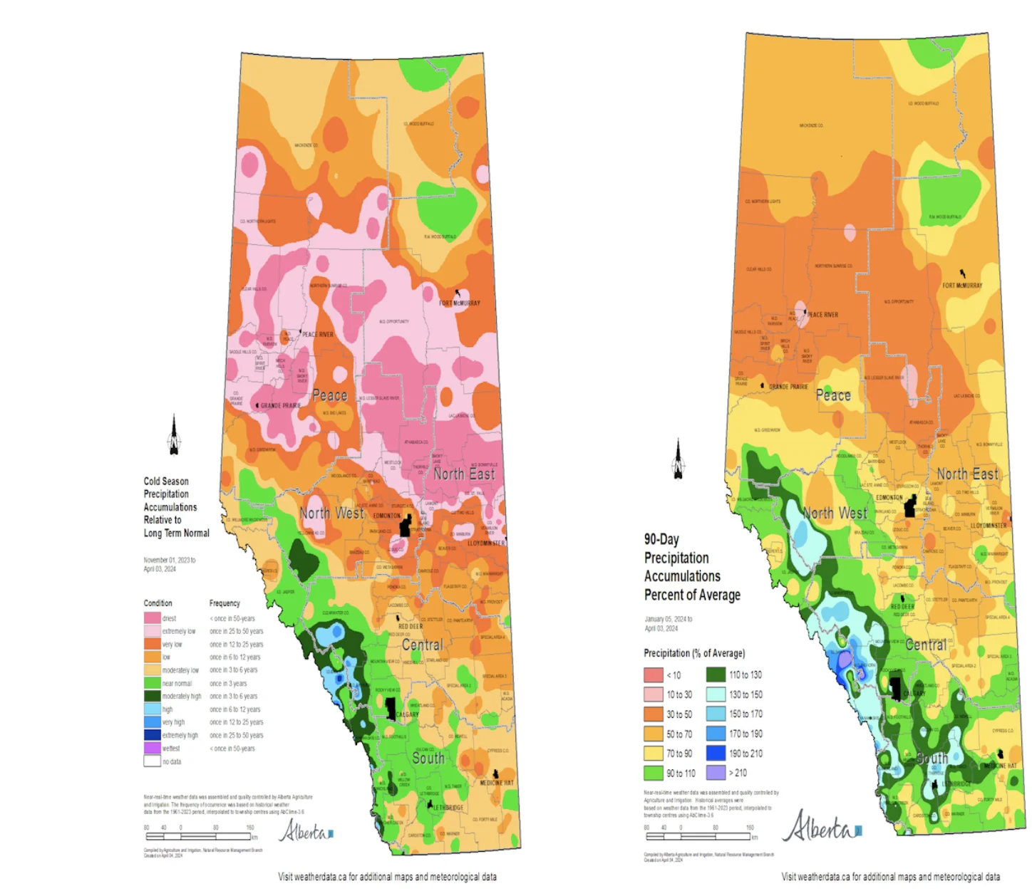 Government of Alberta | Government of Alberta data shows significantly lower than normal winter precipitation in large parts of the northern half of the province.