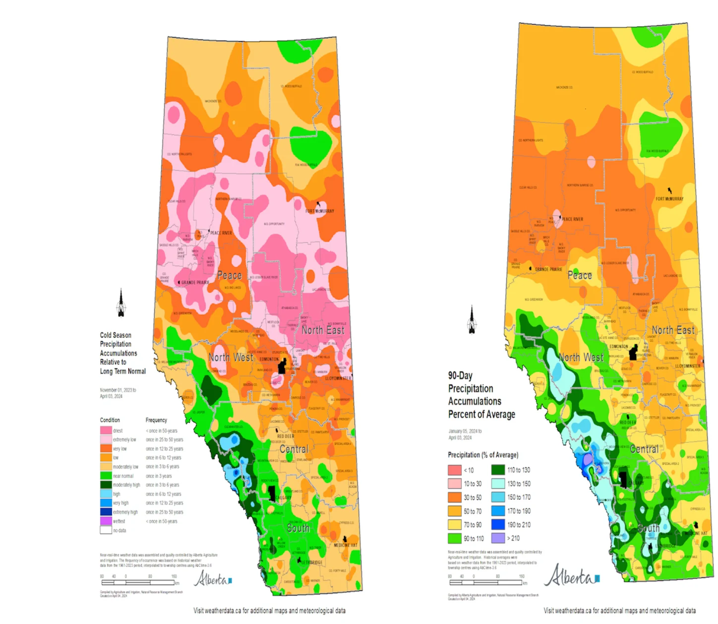 Government of Alberta | Government of Alberta data shows significantly lower than normal winter precipitation in large parts of the northern half of the province.