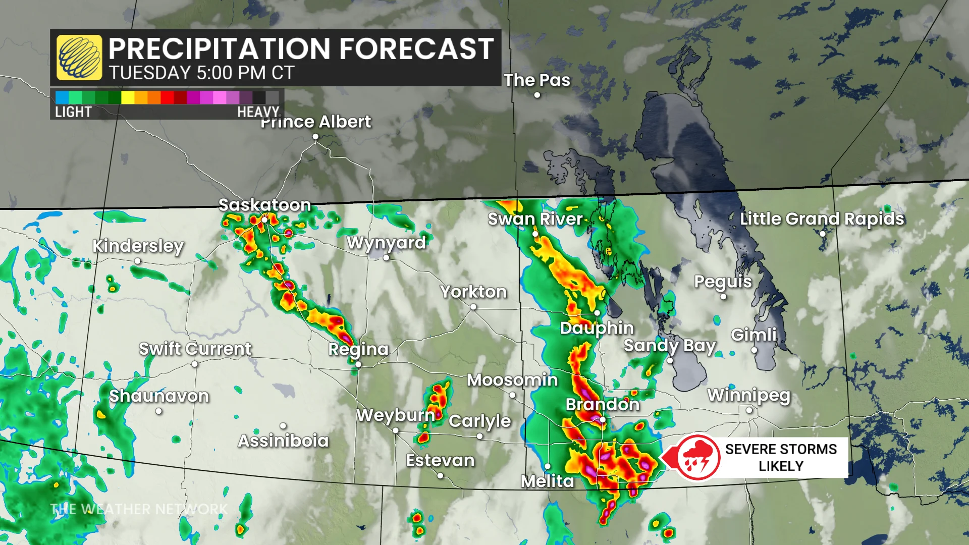 Manitoba precipitation timing Tuesday evening