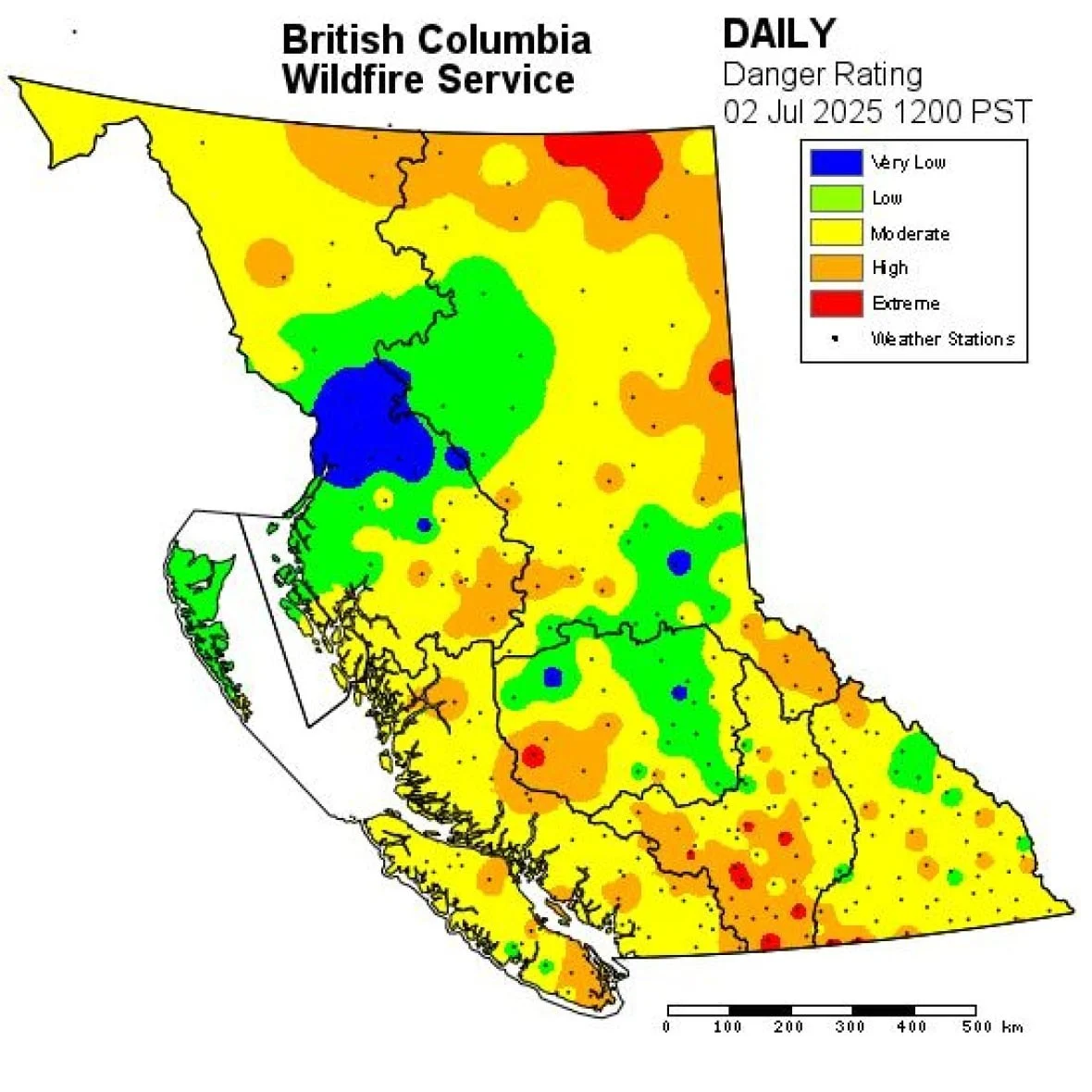 A fire danger map for B.C. shows moderate danger for most areas, with high and extreme danger ratings in the south-central area of the province. (B.C. Wildfire Service)