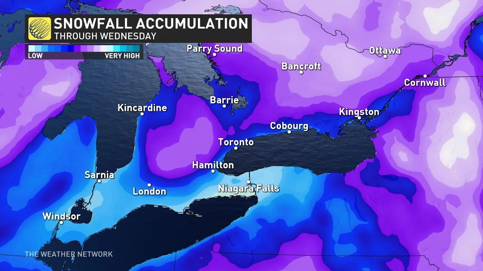 Ontario snowfall through Wed
