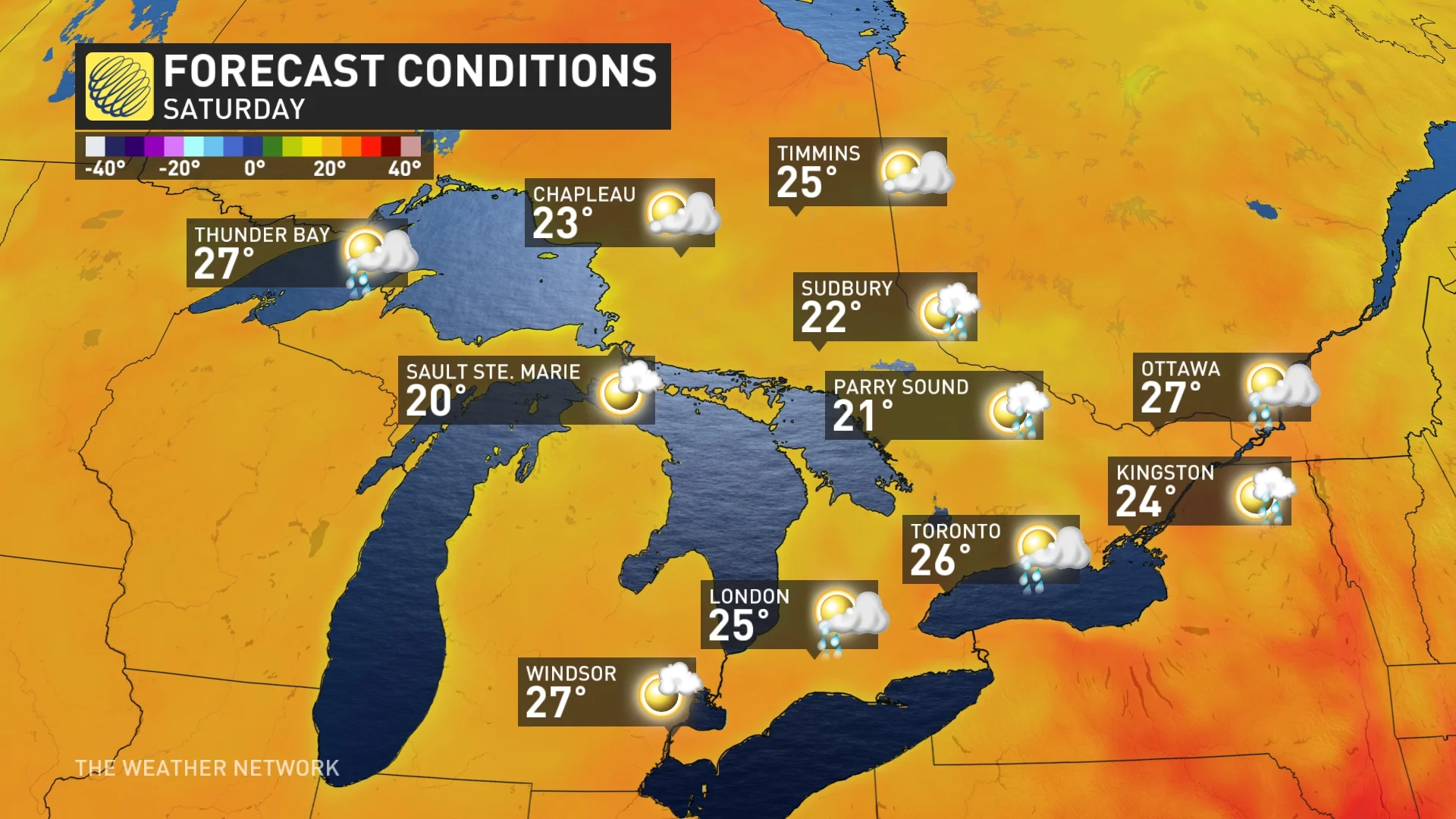 Saturday temperatures and icons Ontario_July 6