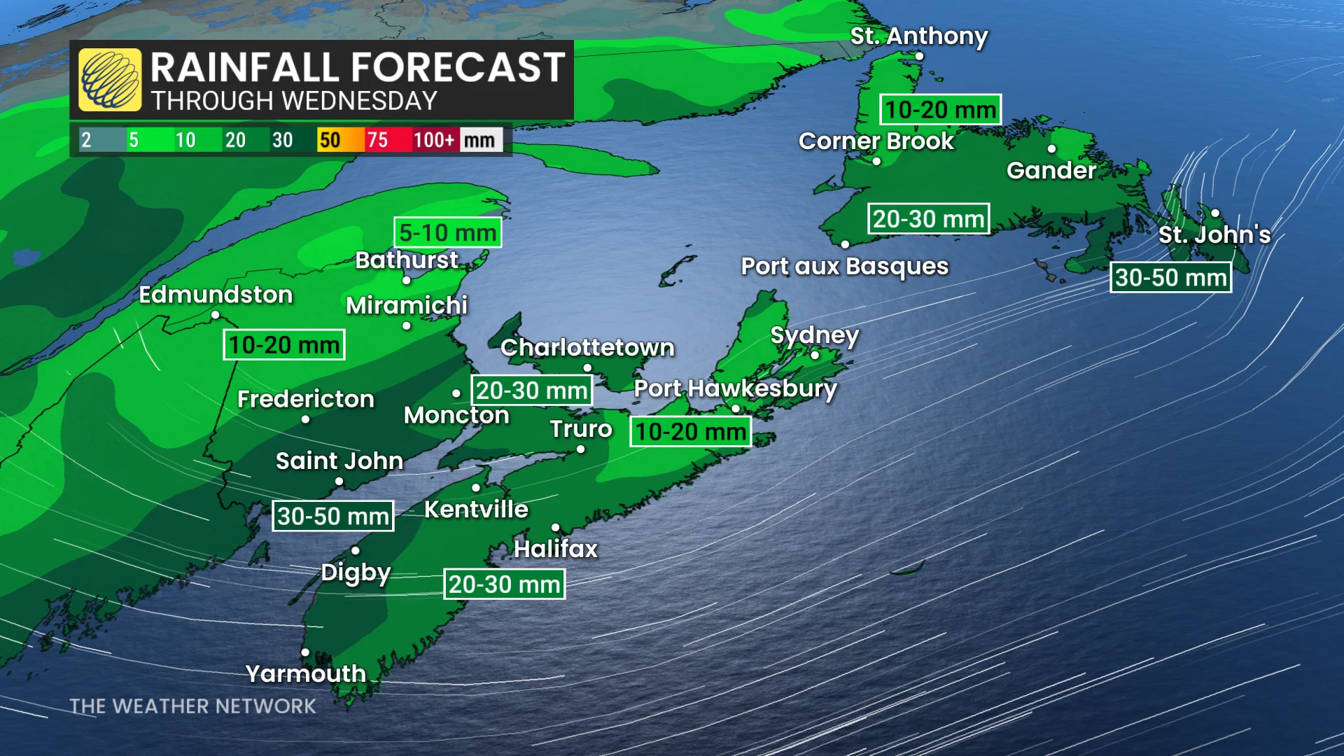 Atlantic Canada rainfall through Wednesday
