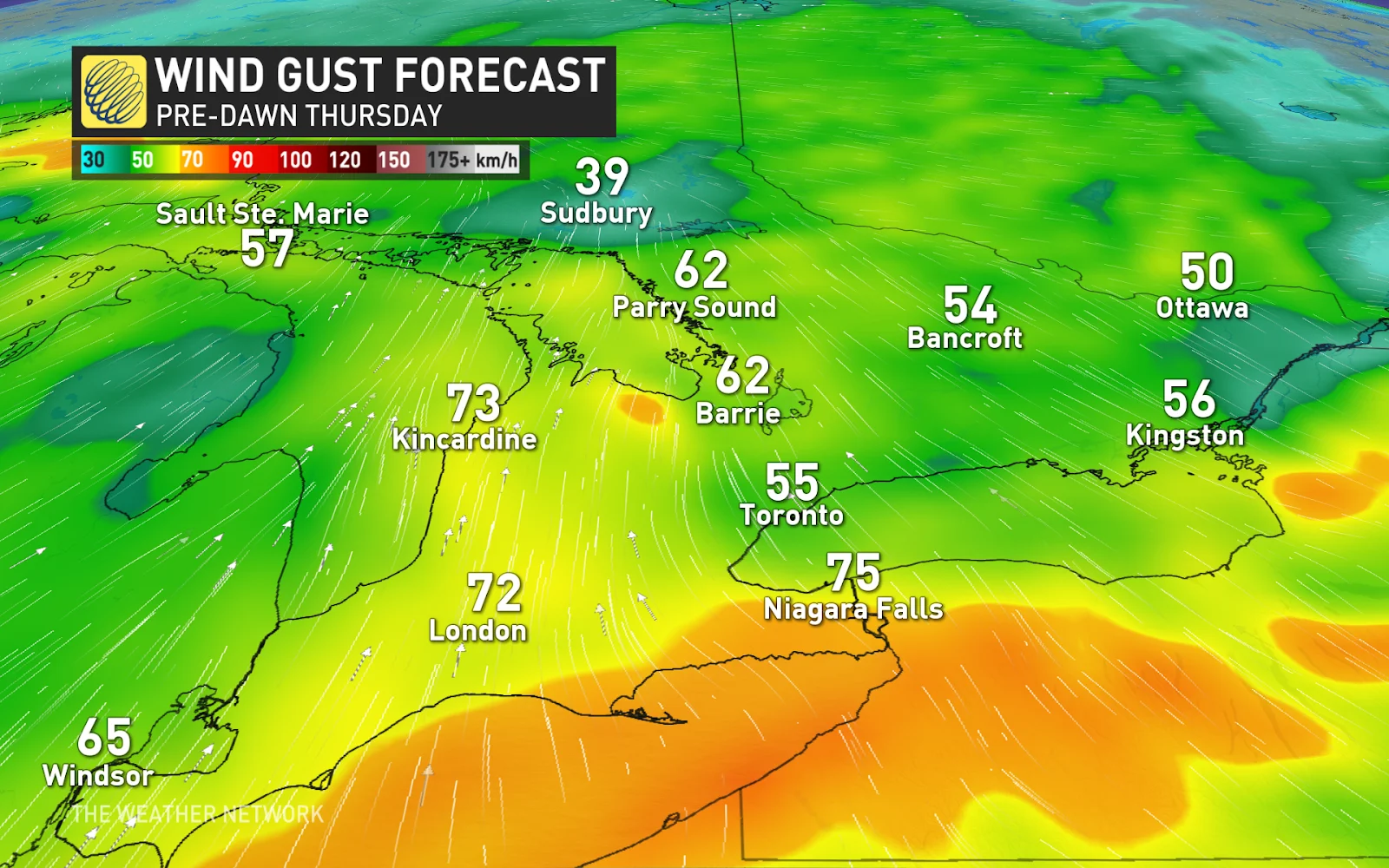 Ontario wind gusts pre dawn Thursday