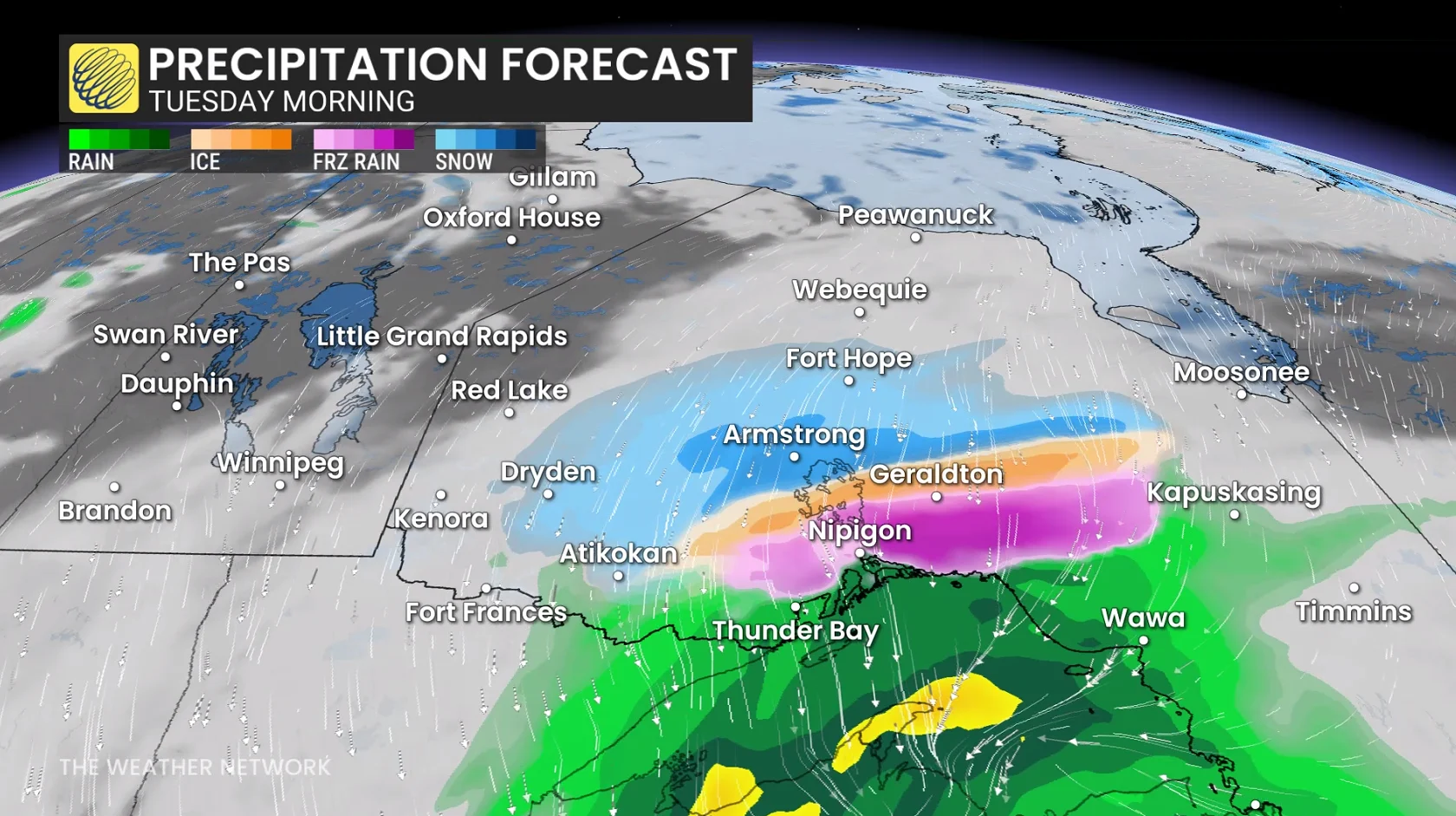 Ontario precipitation timing Tuesday morning