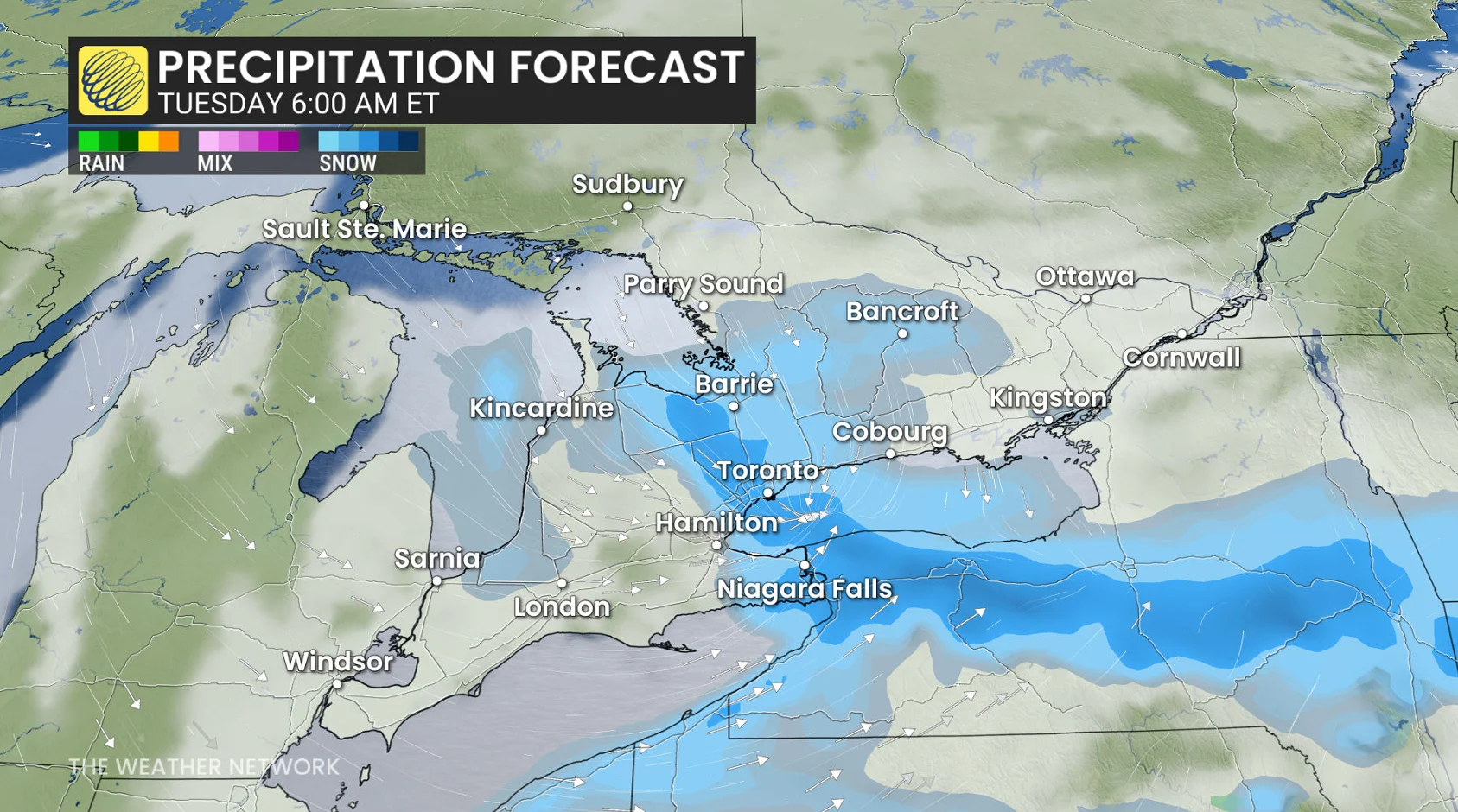 Ontario precipitation timing Tuesday morning
