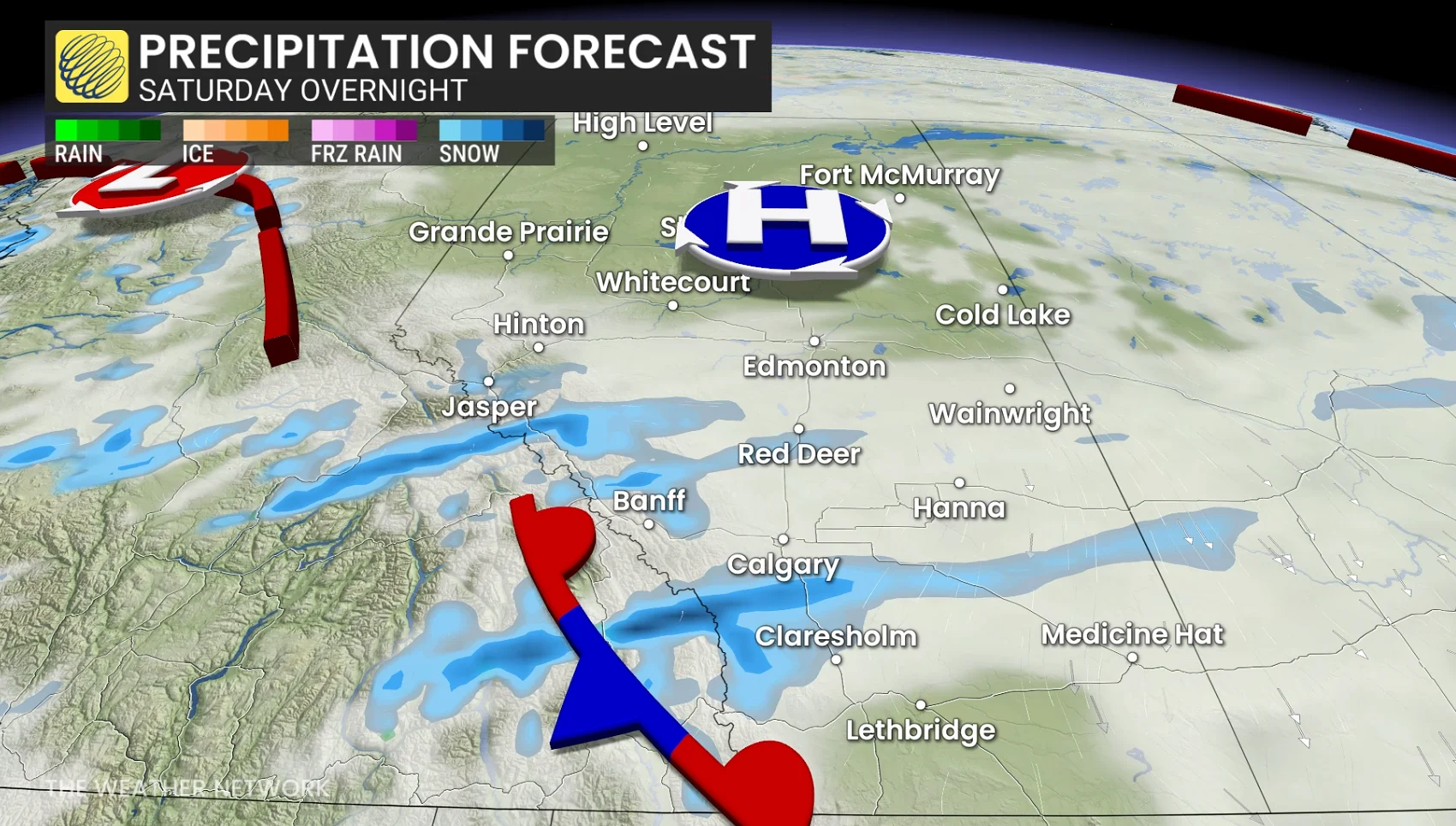 Alberta precipitation timing Saturday night