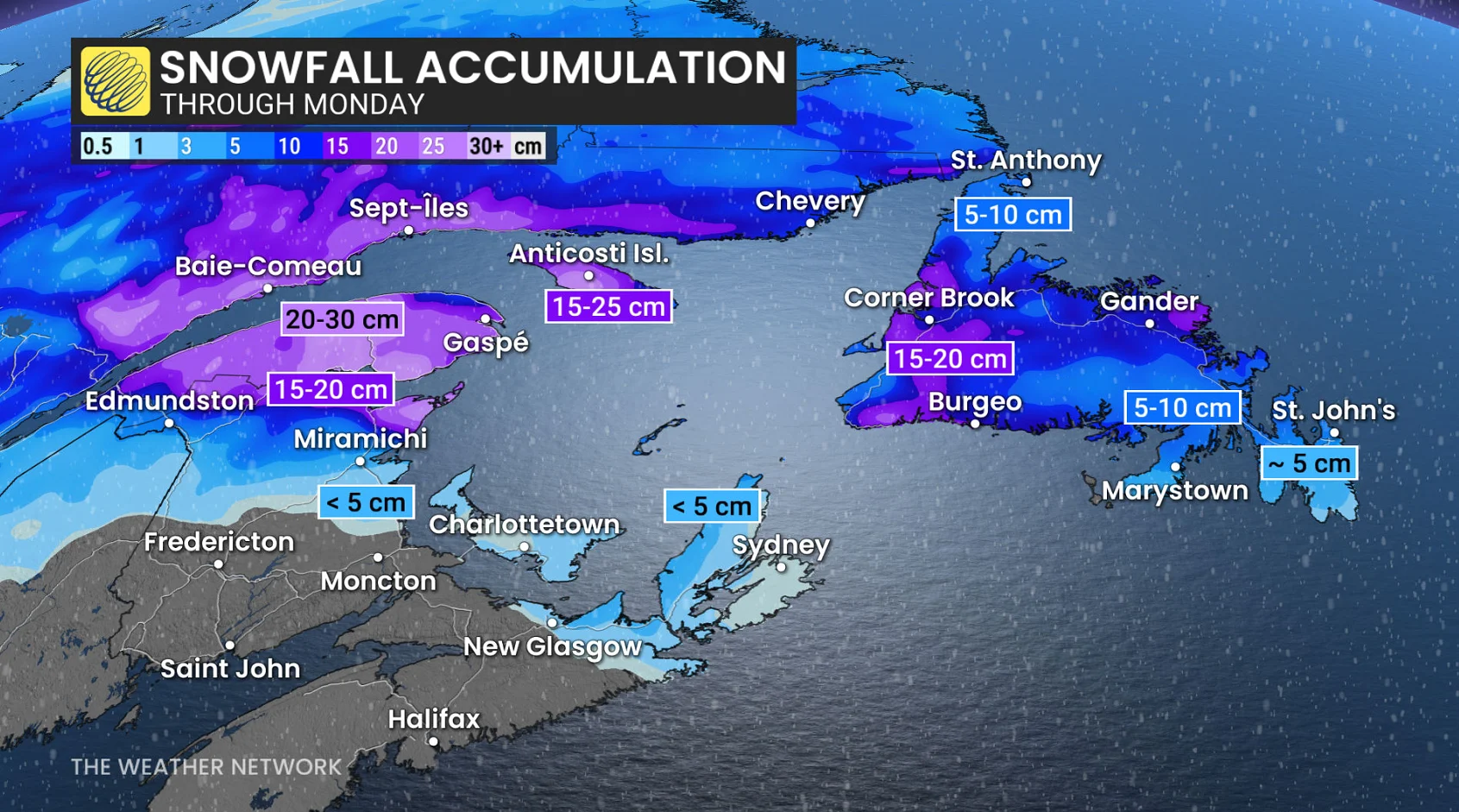 Atlantic Canada snowfall forecast through Monday