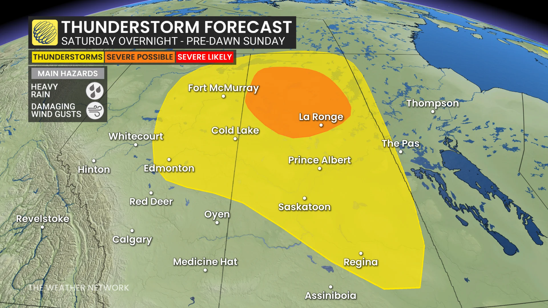 Prairies storm risk map Saturday overnight