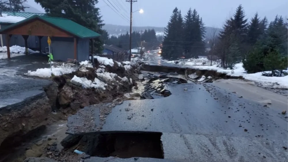 CBC: Young Road in Haines, Alaska, photographed around 8 a.m. local time on Dec. 2. Heavy rains have caused roads in town to wash out, cutting off some residents from town as well as access to the airport and ferry dock. (Erik Stevens)