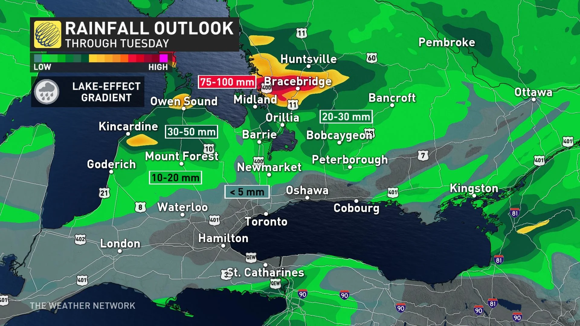 Rainfall totals add up in Ontario as lakeeffect bands slow to move