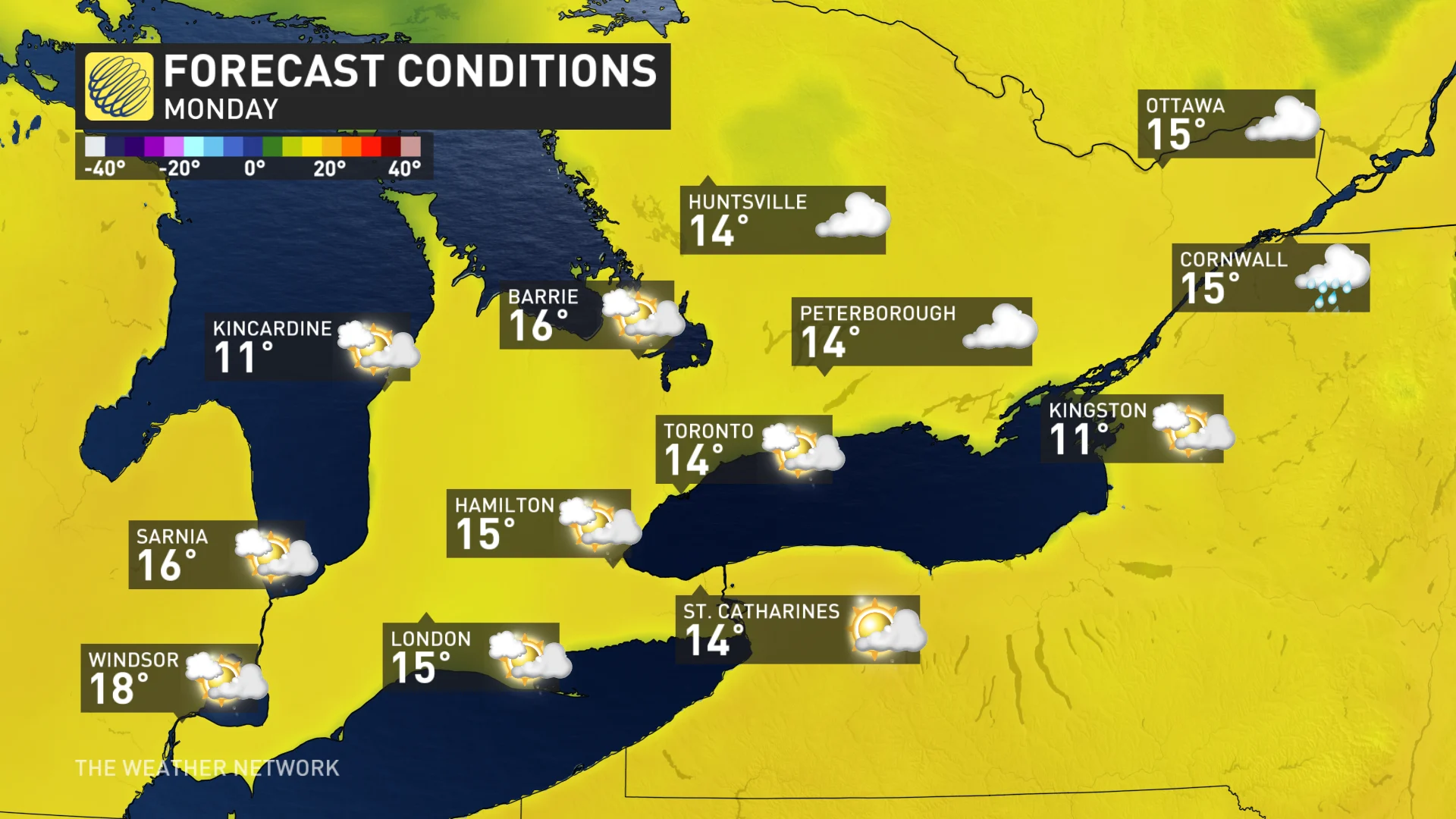 Baron - Southern Ontario Monday temperatures