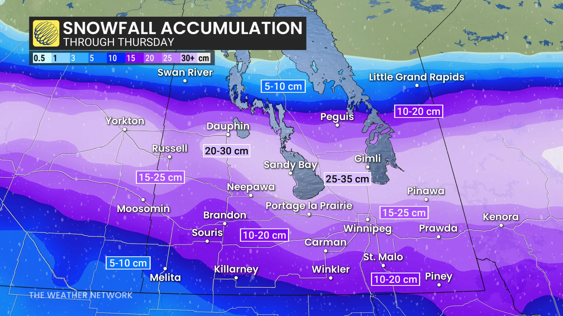 Manitoba snowfall through Thursday