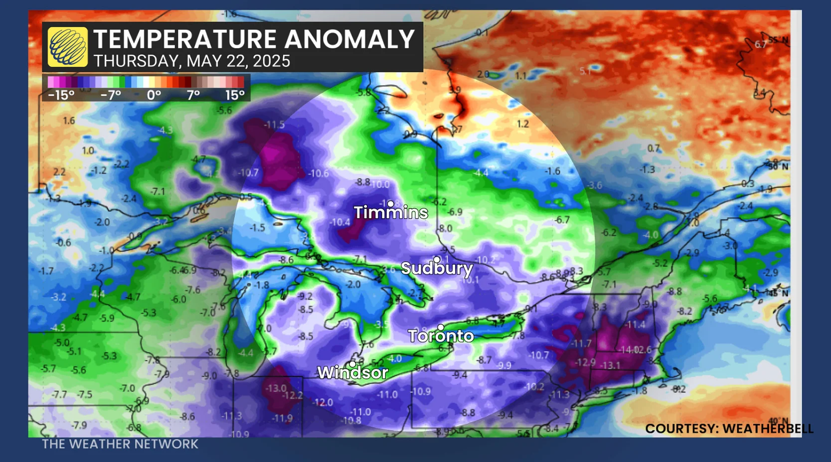 Ontario Thursday temperature anomaly