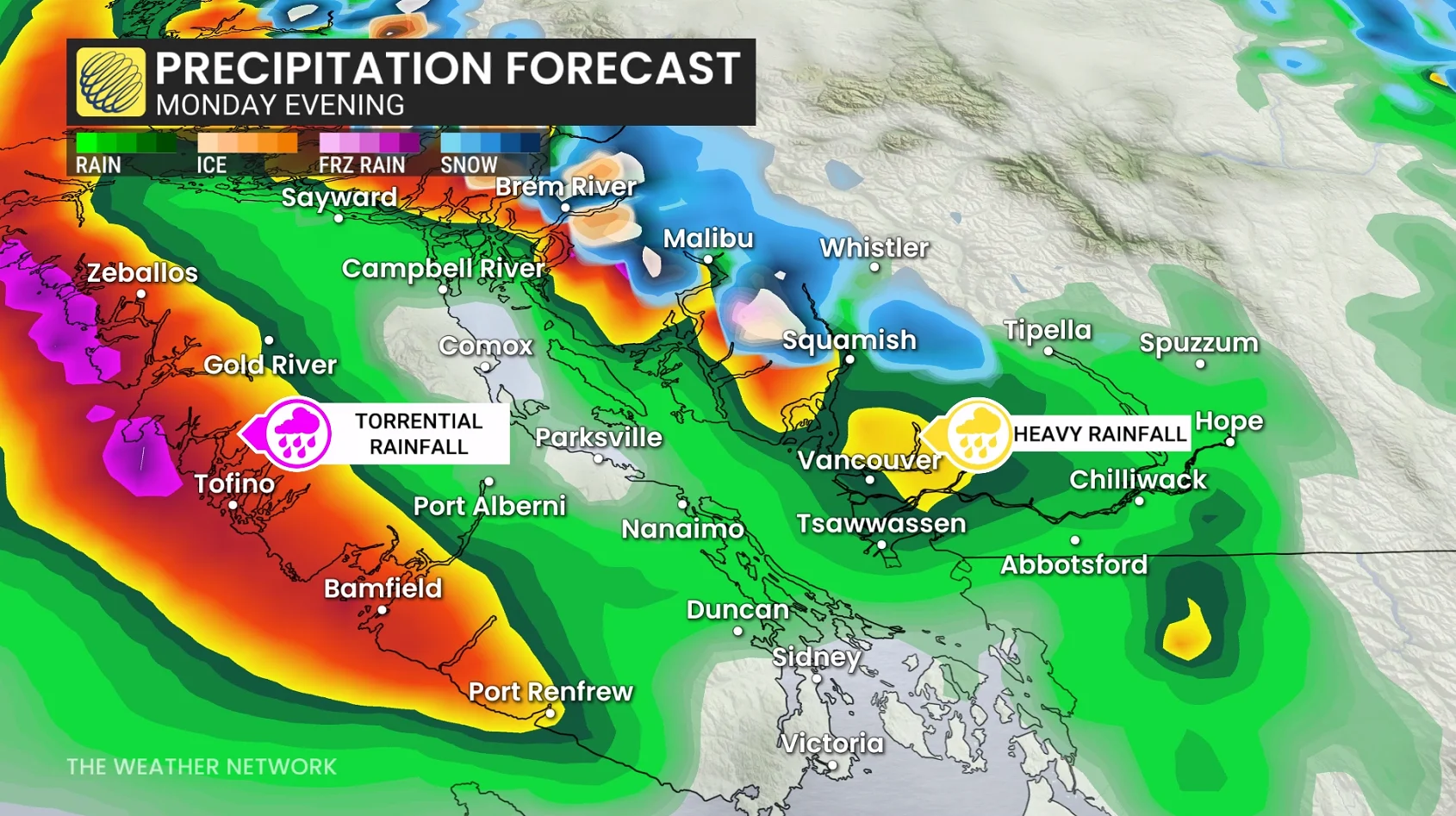 B.C. precipitation timing Monday evening