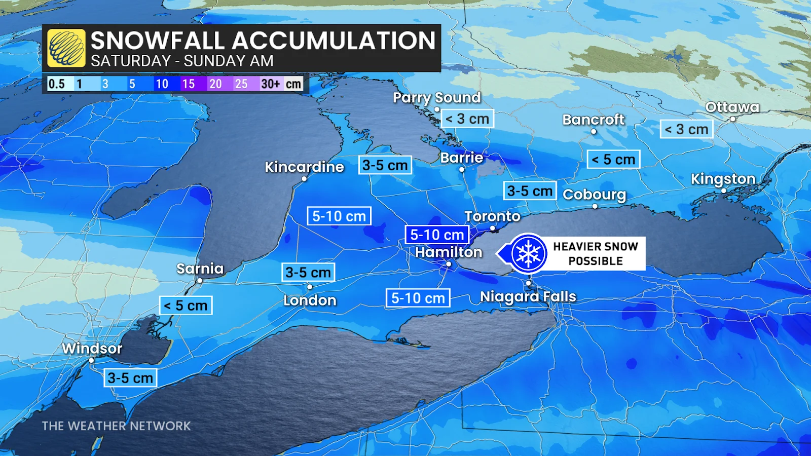 Southern Ontario snow forecast through Sunday
