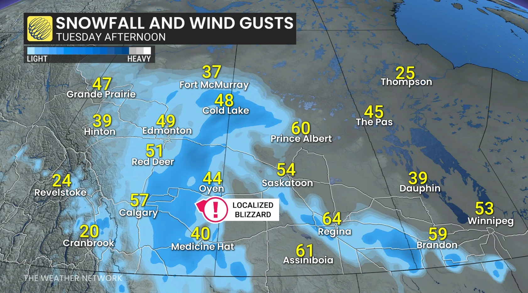 Prairies snowfall and wind gusts Tuesday afternoon