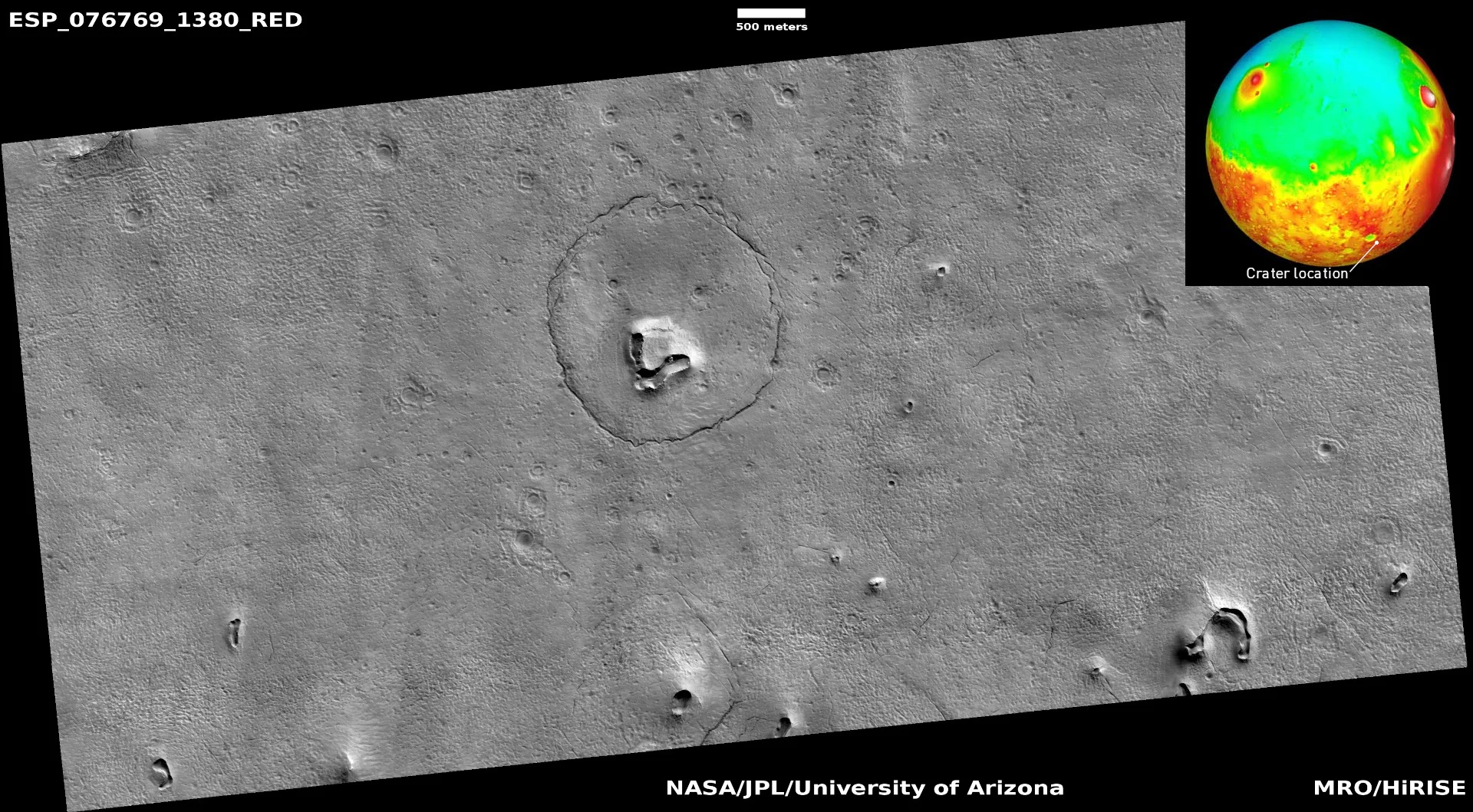 Bear Face on Mars ESP 076769 1380 w MOLA location