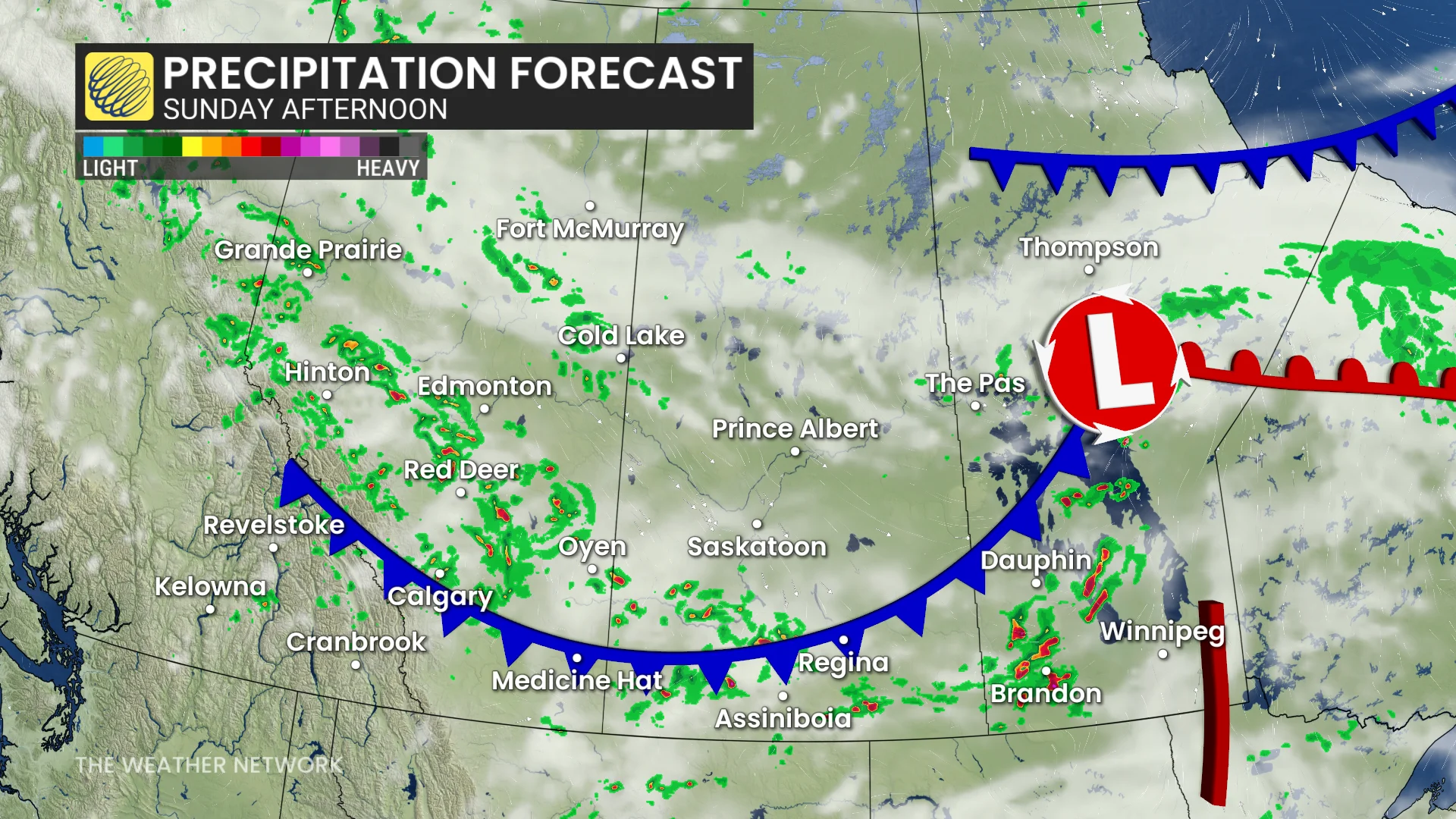 Prairies precipitation timing Sunday afternoon