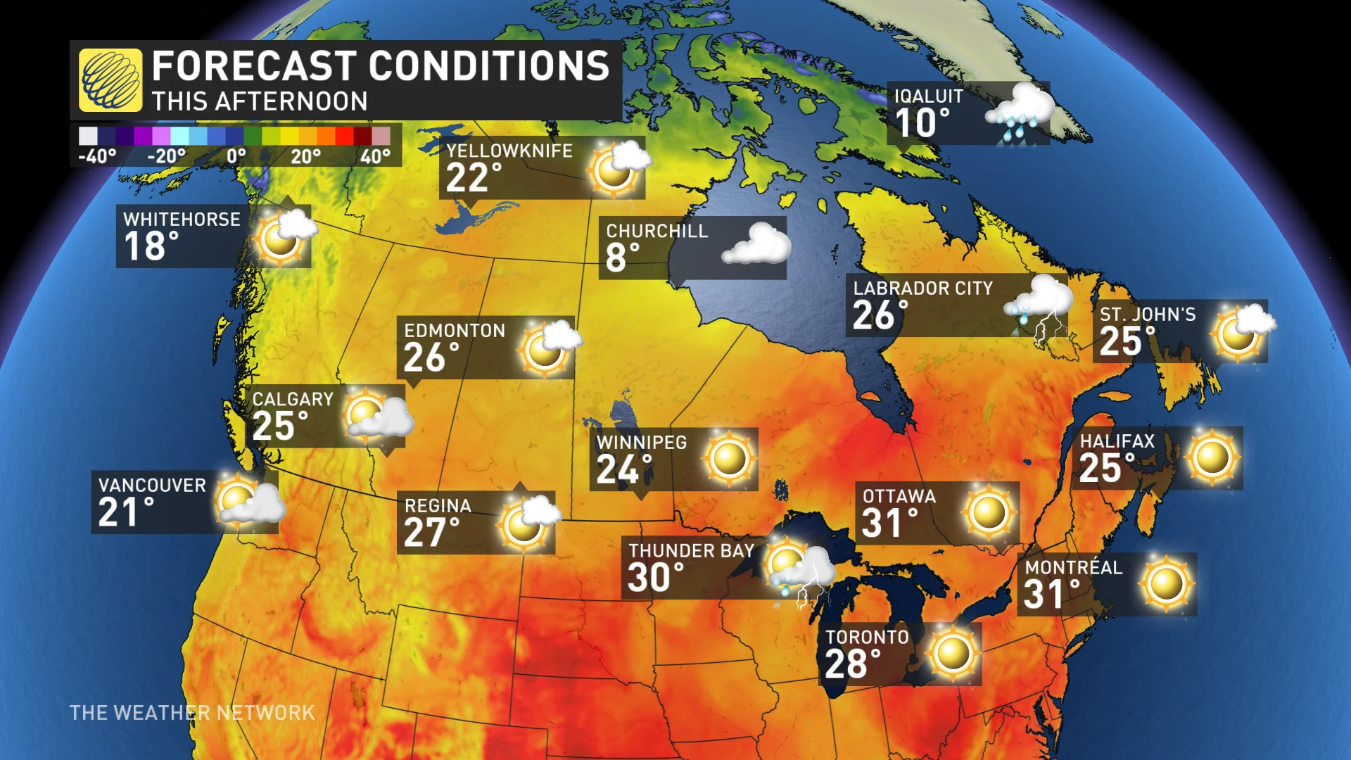 Canada temperatures and icons for Sunday, July 28