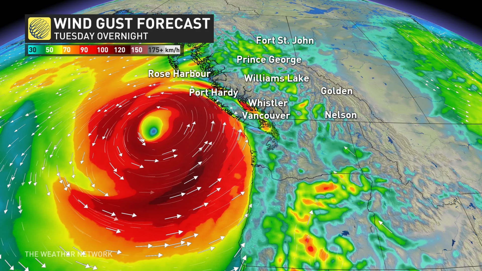 Wind forecast in British Columbia Tuesday evening