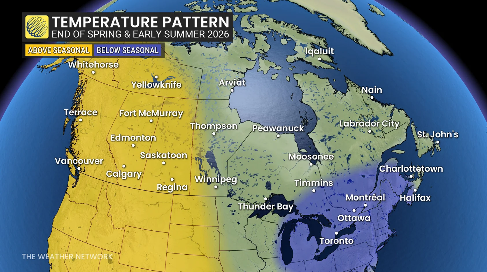 Temperature pattern end of spring and early summer 2026 Canada