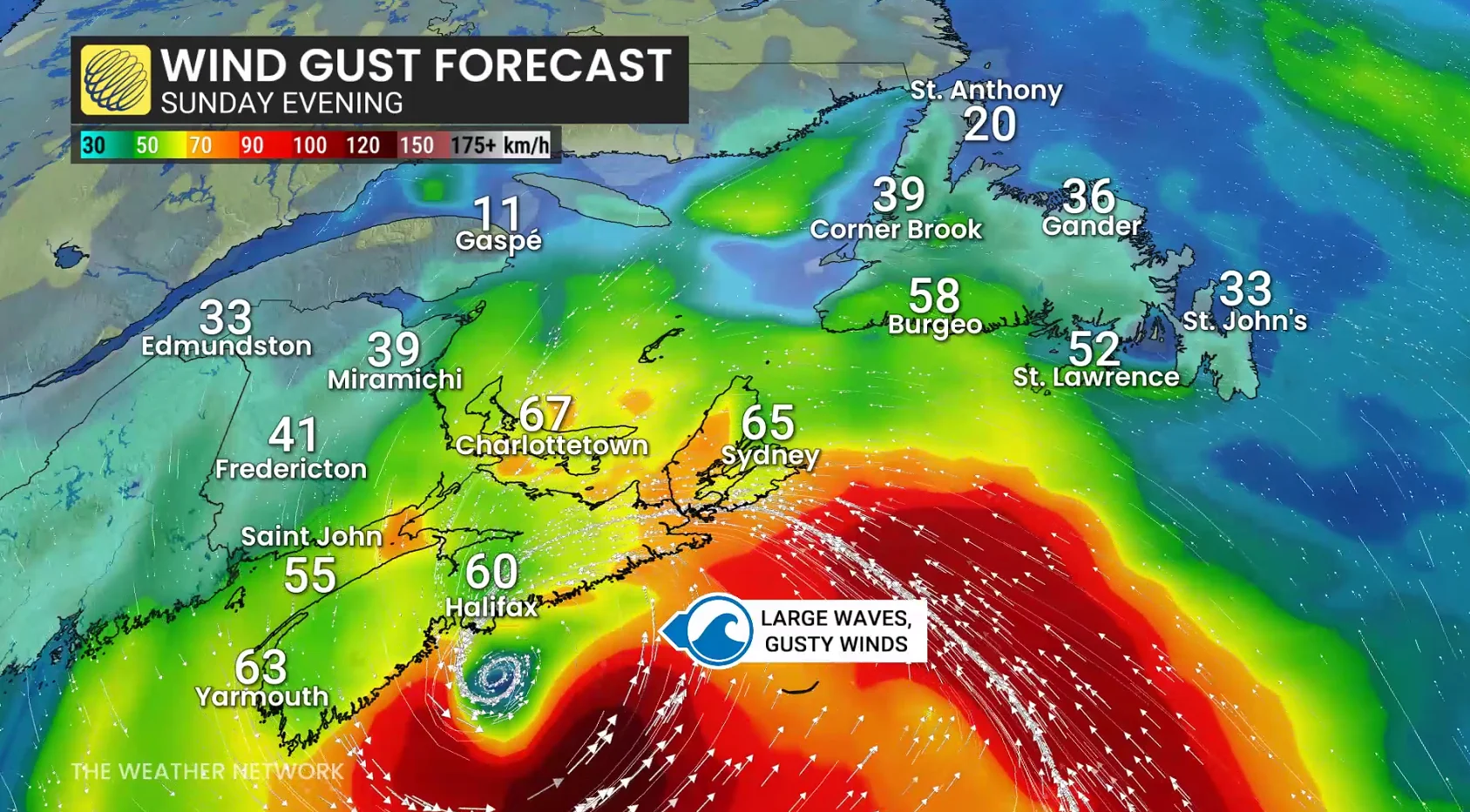 Atlantic Canada Sunday evening forecast nor'easter wind gusts - May 3, 2026