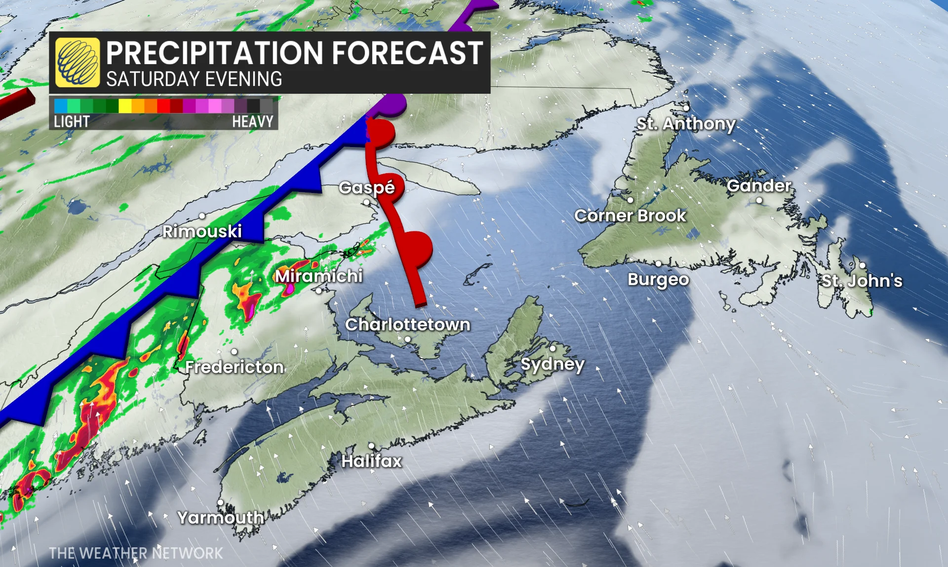 Atlantic Canada precipitation Saturday evening