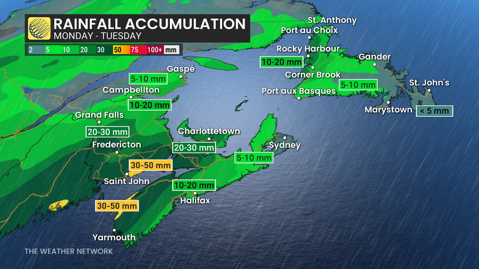 Atlantic Canada forecast rainfall accumulation Monday-Tuesday - March 17, 2025