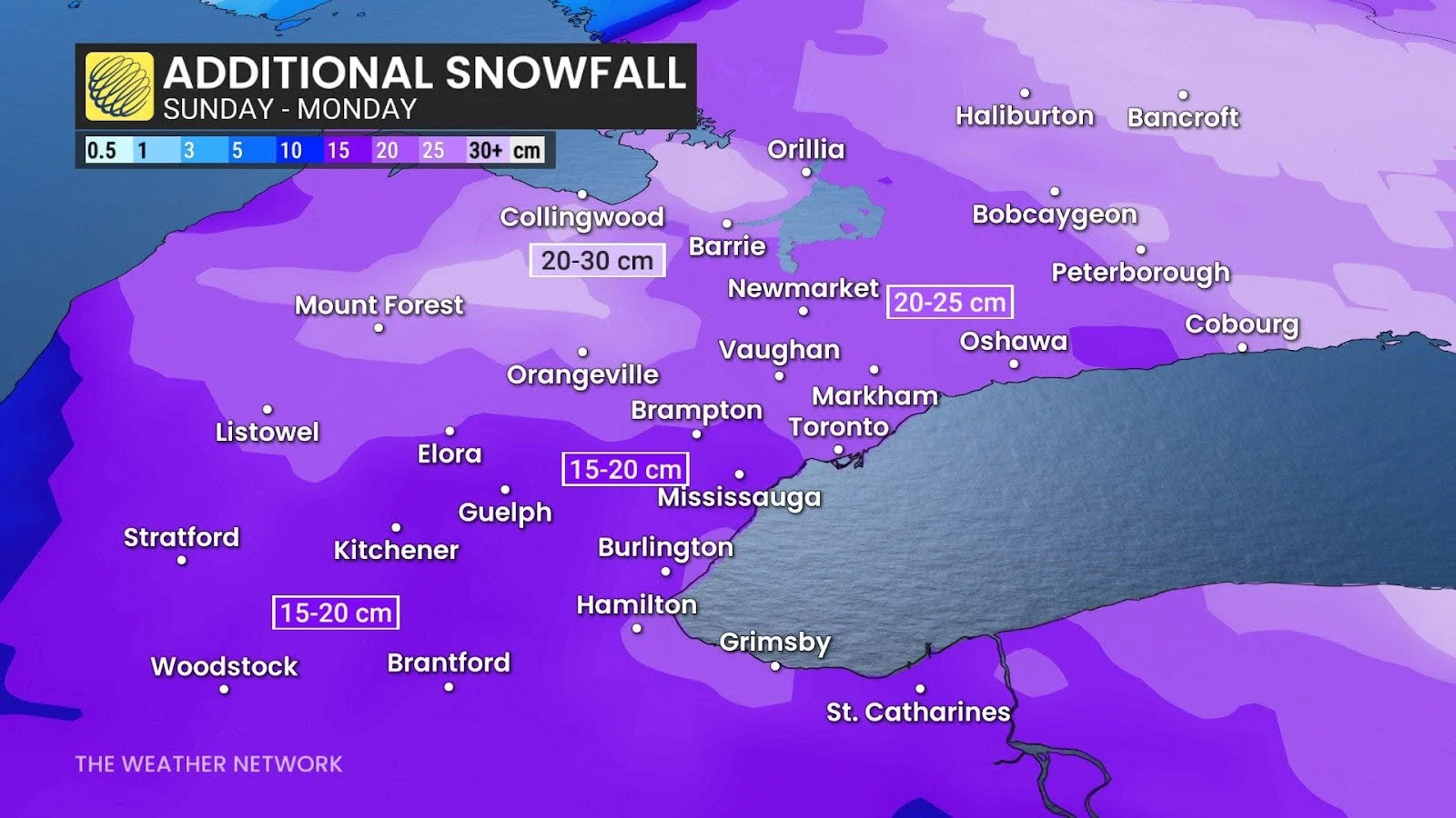 Southern Ontario snowfall accumulation through Monday - Feb. 16, 2025