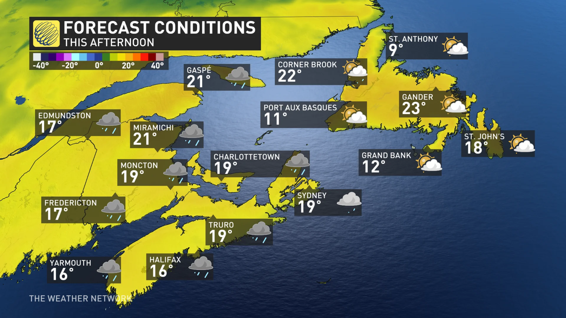 Saturday afternoon Atlantic Canada temperatures