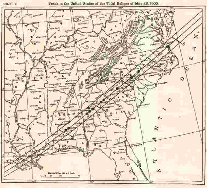 Map showing track in the United States of the total eclipse of May 28, 1900. Courtesy NOAA
