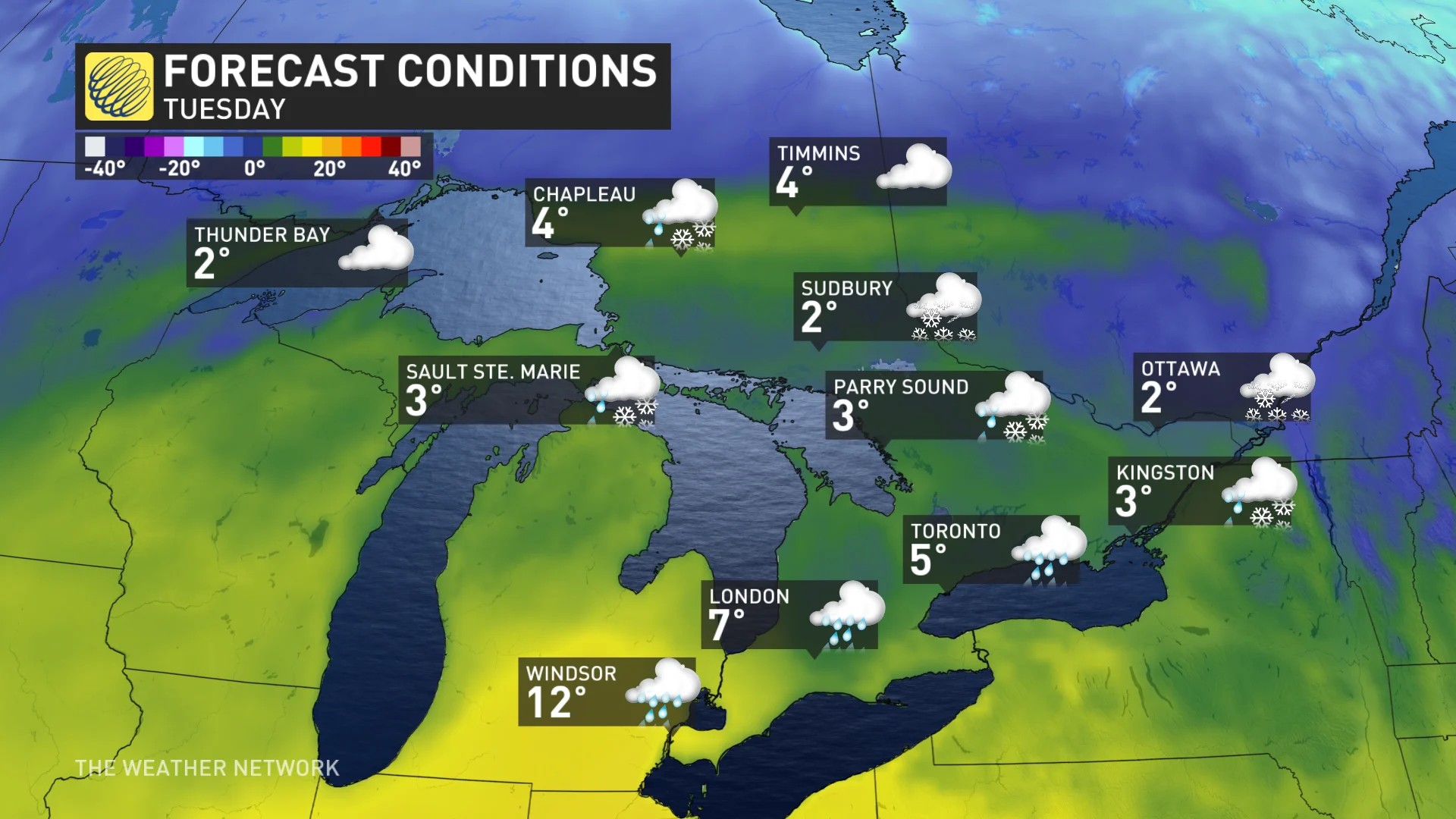 Ontario Tuesday forecast conditions and icons
