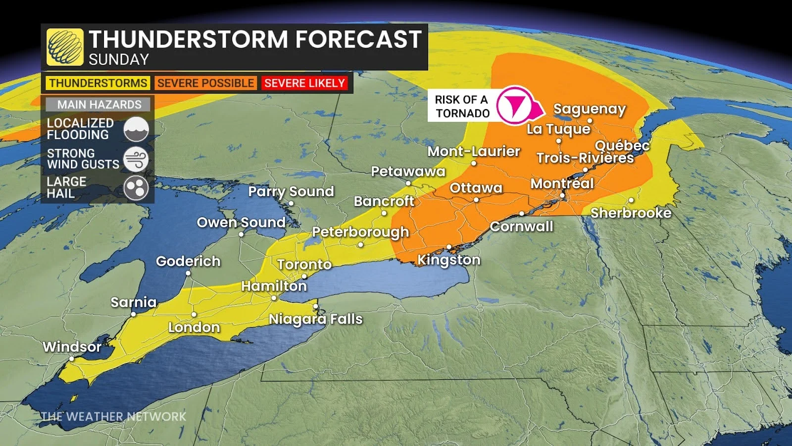 Tornado, Montreal, Toronto, Thunderstorm, Forecast, Quebec, Ontario, July 13, 2025. (The Weather Network/Nadine Hinds-Powell)