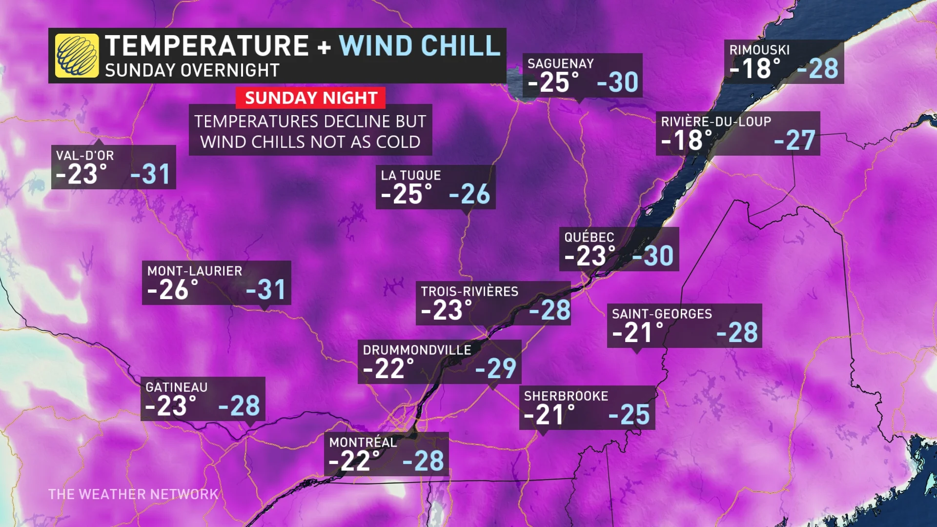 Quebec Sunday overnight temperatures and wind chills