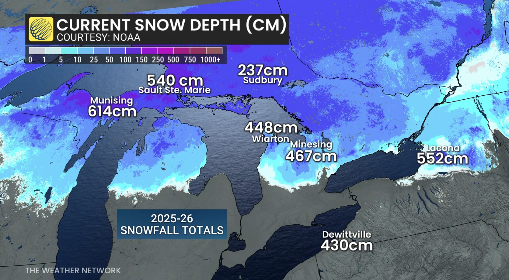 Great Lakes region snowfall totals 2025-26 season (as of March 21)
