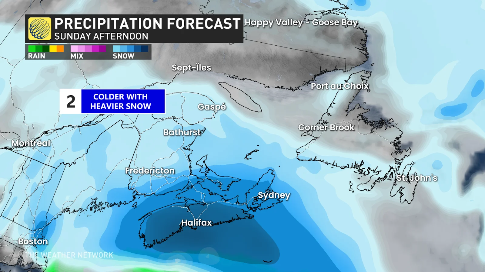 Atlantic Canada second system forecast precipitation Sunday afternoon - Feb. 5, 2025
