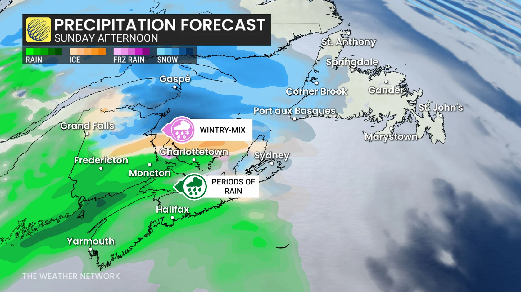 Atlantic Canada precipitation forecast Sunday afternoon