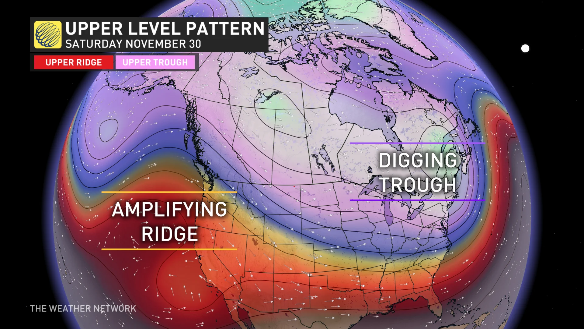 Upper-level pattern in North America Saturday, Nov. 30