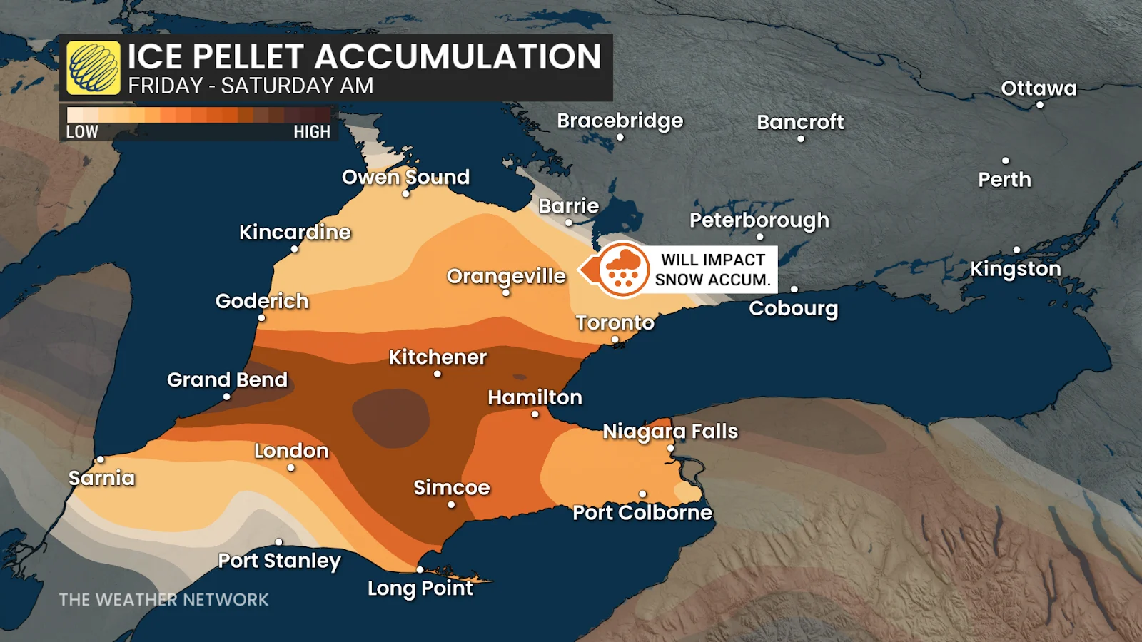 Southern Ontario forecast Friday ice pellet accumulation - Dec. 24, 2025
