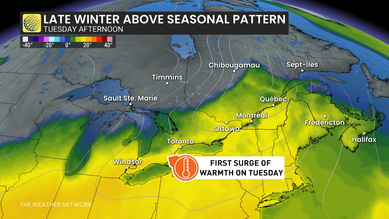 Ontario surge of warmth Tuesday