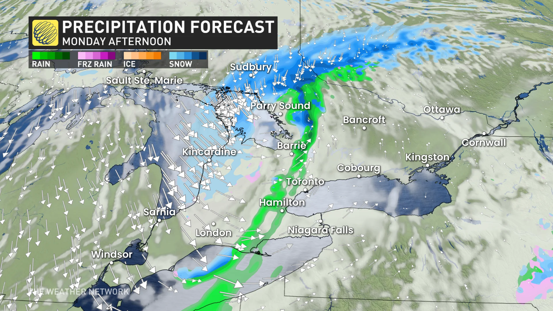 Baron - Ontario precipitation Monday afternoon - April 7