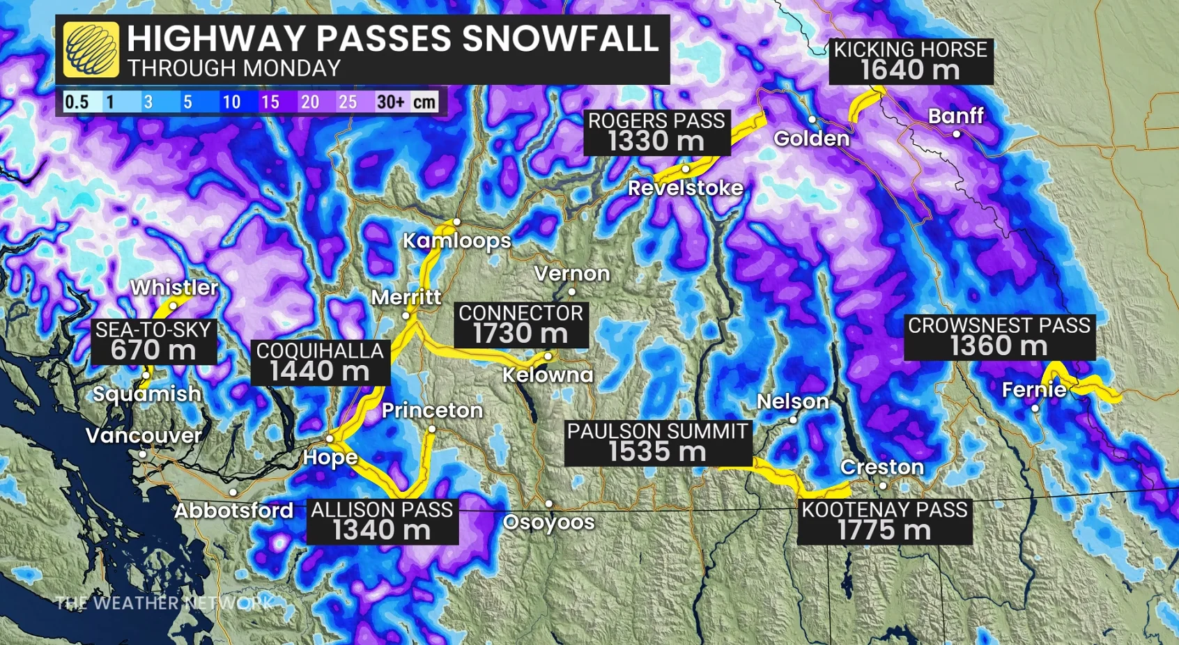 B.C. highway passes snowfall through Monday
