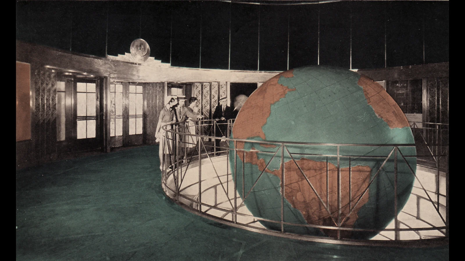Lobby and Globe in News Building Postcard Wikimedia