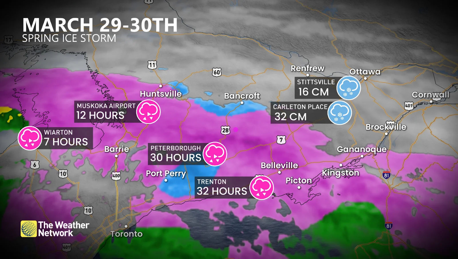 Ontario spring ice storm snow, ice so far as of Sunday morning - March 30, 2025