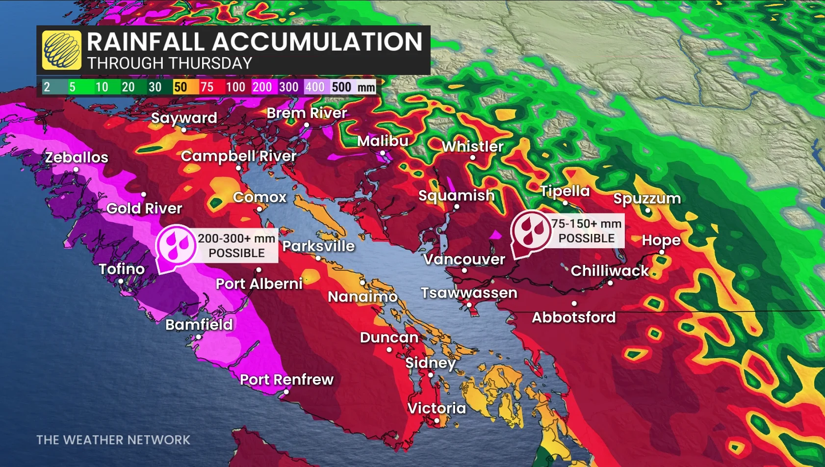 B.C. rainfall through Thursday