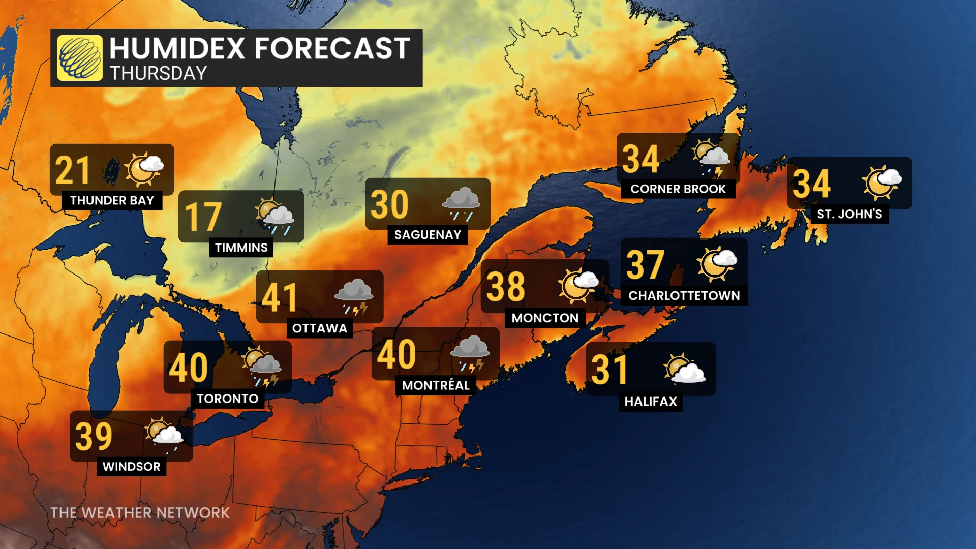 Baron - Atlantic Canada humidex forecast Thursday - July 15