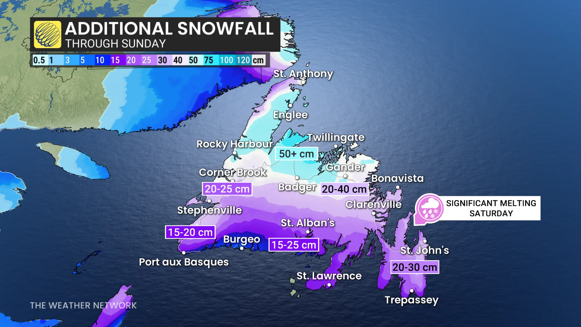 Newfoundland additional snowfall through Saturday