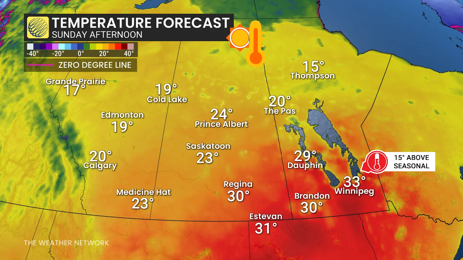 Prairies temperatures Sunday afternoon